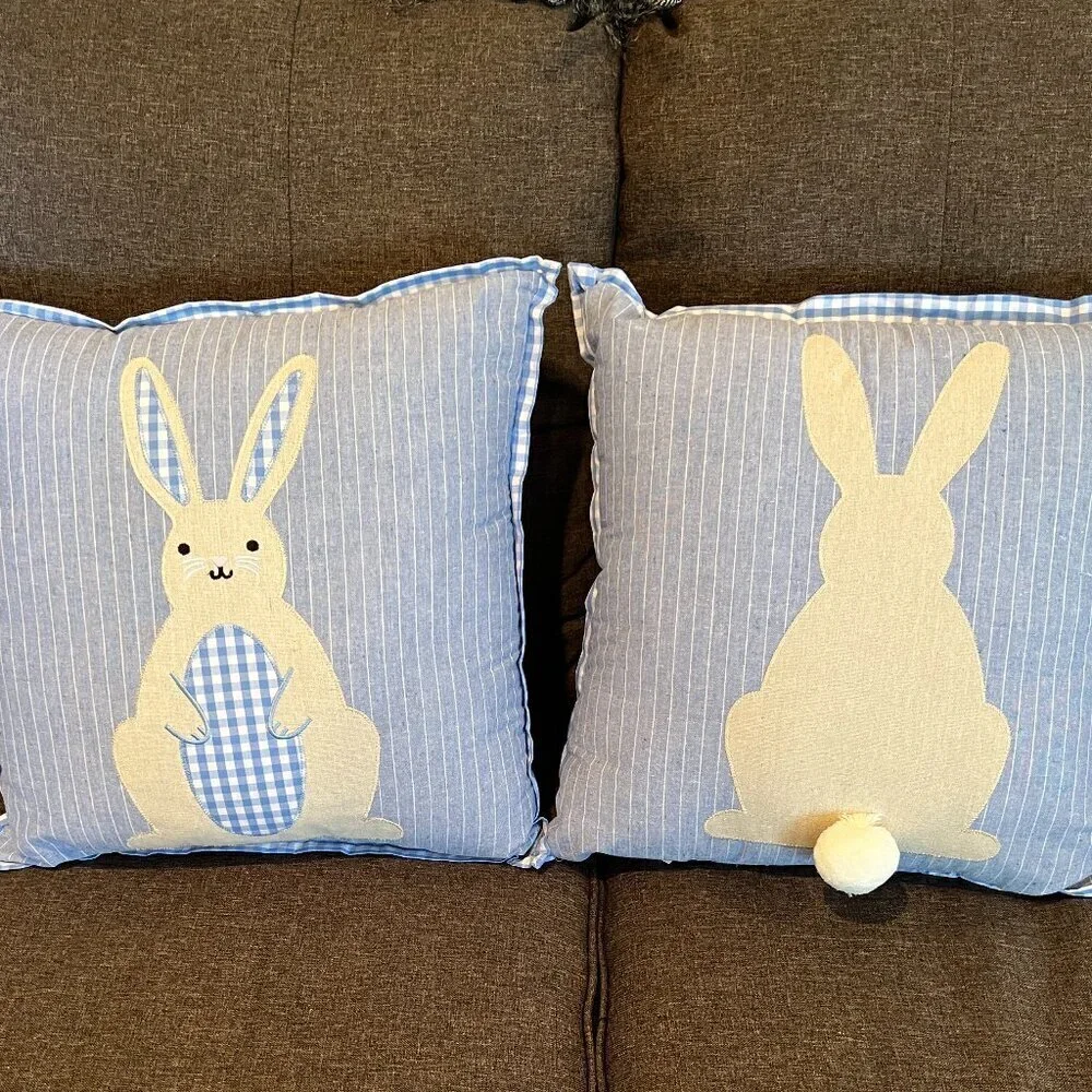 Set of Two 15” Square Bunny Rabbit Pillows Blue Gingham Print With Tails Country